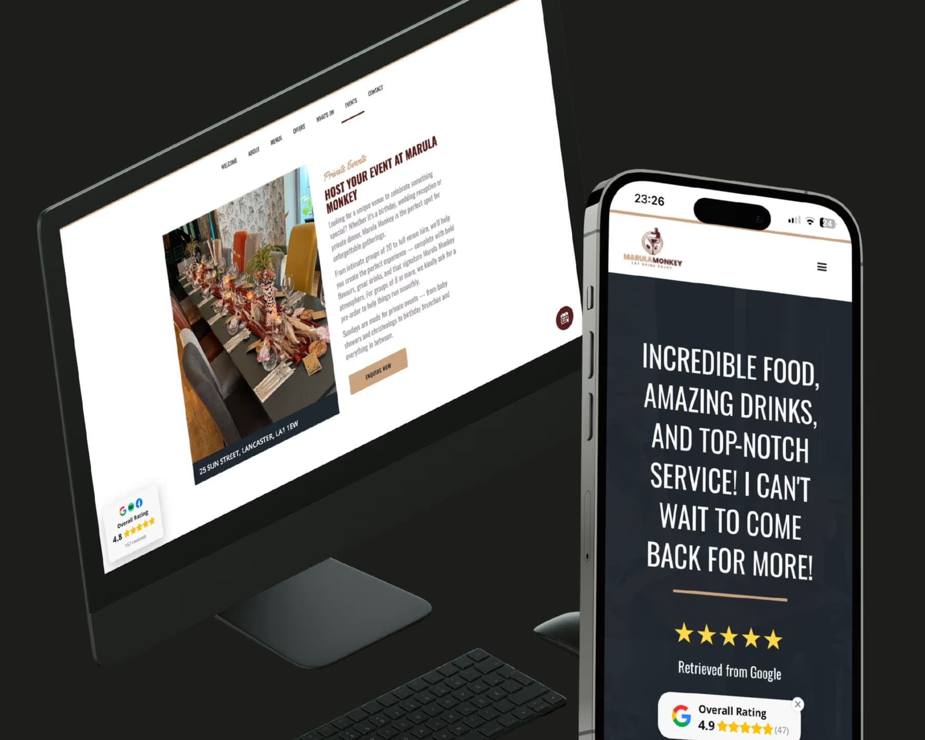Marula Monkey — Stylish restaurant and cocktail bar website with dynamic menus
